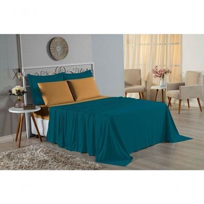 Jogo De Cama Casal Nobre 4 Peças Lençol Com Elástico De 30cm De Altura Malha 100% Algodão - Petróleo / Cobre