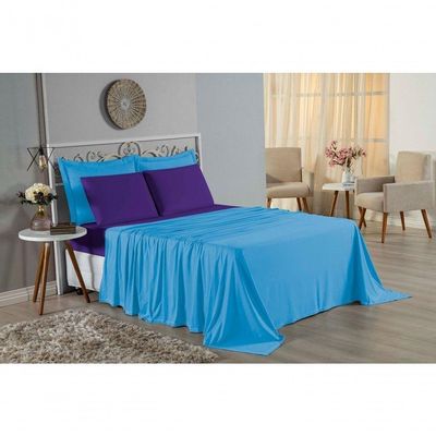 Jogo De Cama Casal Nobre 4 Peças Lençol Com Elástico De 30cm De Altura Malha 100% Algodão - Turquesa / Roxo