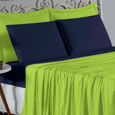Jogo De Cama Casal Nobre 4 Peças Lençol Com Elástico De 30cm De Altura Malha 100% Algodão - Pistache / Azul-marinho