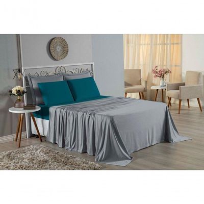 Jogo De Cama King Nobre 4 Peças Lençol Com Elástico De 30cm De Altura Malha 100% Algodão - Cinza / Petróleo