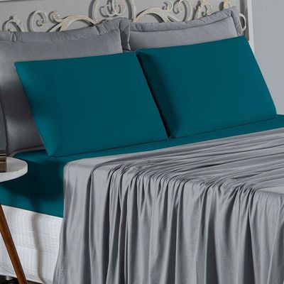 Jogo De Cama King Nobre 4 Peças Lençol Com Elástico De 30cm De Altura Malha 100% Algodão - Cinza / Petróleo