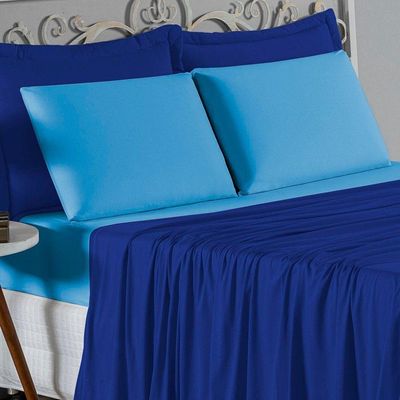 Jogo De Cama Casal Viúva Nobre 4 Peças Malha 100% Algodão - Royal / Turquesa