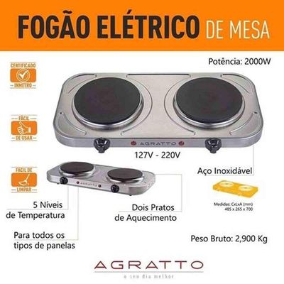 Fogão Cooktop Elétrica Agratto 2000W Fm02 Aço Inoxidável 220V