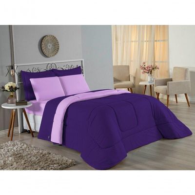 Kit Edredom Dupla Face + Jogo De Lençol Queen Nobre 7 Peças Malha 100% Algodão - Roxo / Lilás