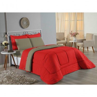 Kit Edredom Dupla Face + Jogo De Lençol Casal Viúva Nobre 6 Peças Malha 100% Algodão - Vermelho / Avelã