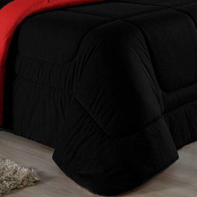 Kit Edredom Dupla Face + Jogo De Lençol Casal Nobre 7 Peças Malha 100% Algodão - Preto / Vermelho