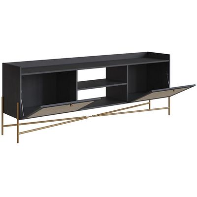 Rack Oslo 183CM MDP com 2 Portas Basculantes e Pés Metálicos Preto Fosco para Sala