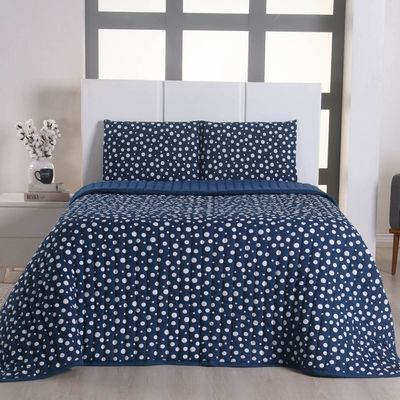 Kit Cobre Leito Colcha Polly King 3 Peças Malha 100% Algodão Estampa Bolinhas - Azul Marinho