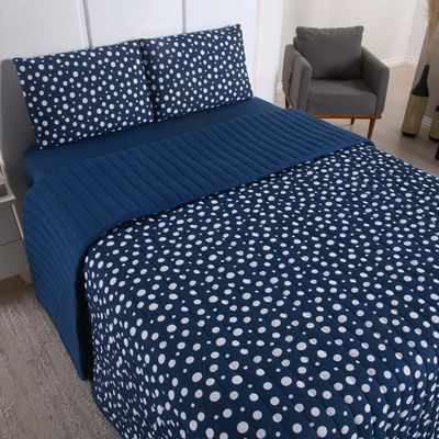 Kit Cobre Leito Colcha Polly King 3 Peças Malha 100% Algodão Estampa Bolinhas - Azul Marinho