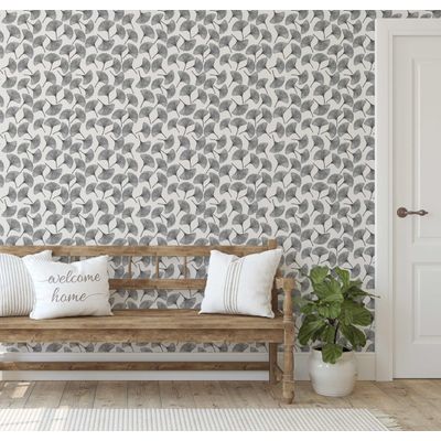 Papel de Parede Vinílico Autoadesivo Estampa Ginkgo Chique À Prova d'Água Cinza, Removível para Quartos, Salas e Armários - S4Sassy 63,5 cm (L) × 304,8 cm (C) / Cinza - Vinil Liso