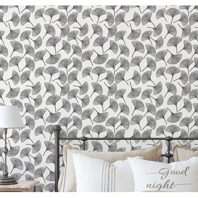 Papel de Parede Vinílico Autoadesivo Estampa Ginkgo Chique À Prova d'Água Cinza, Removível para Quartos, Salas e Armários - S4Sassy 63,5 cm (L) × 304,8 cm (C) / Cinza - Vinil Liso