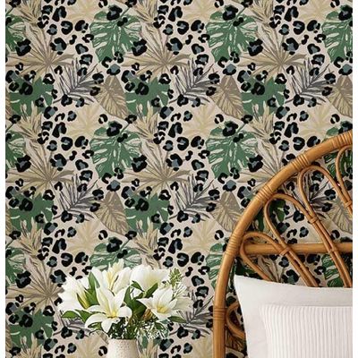 Papel de Parede Folhagem Tropical com Manchas de Leopardo, Vinil Autoadesivo Removível para Quarto e Sala, Verde - S4Sassy 63,5 cm (L) × 304,8 cm (C) / Verde - Vinil Liso