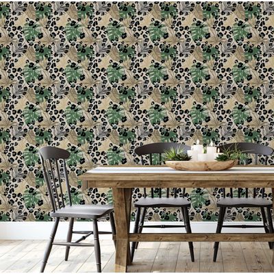 Papel de Parede Folhagem Tropical com Manchas de Leopardo, Vinil Autoadesivo Removível para Quarto e Sala, Verde - S4Sassy 63,5 cm (L) × 304,8 cm (C) / Verde - Vinil Liso