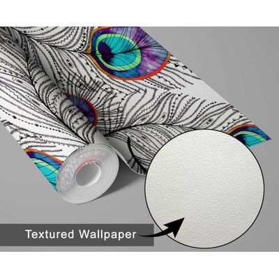 Papel de Parede Autoadesivo Boho Penas de Pavão Vinílico Impermeável Removível Azul Ideal para Locatários Quarto e Sala de Jantar - S4sassy 63,5 cm (L) × 152,4 cm (C) / Azul - Vinil Texturizado