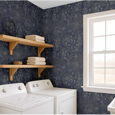 Revestimento de Parede Autoadesivo Removível Estampa Floral Chique Azul para Banheiro e Lavanderia - Papel de Parede Vinílico - S4Sassy 63,5 cm (L) × 152,4 cm (C) / Azul - Vinil Liso