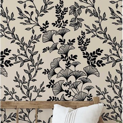 Papel de Parede Autoadesivo Removível com Galhos Botânicos Preto, Mural Instantâneo para Quarto, Banheiro, Lavanderia, Closet - S4Sassy 63,5 cm (L) × 914,4 cm (C) / Preto - Vinil Texturizado
