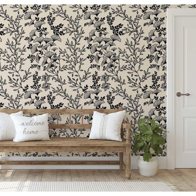 Papel de Parede Autoadesivo Removível com Galhos Botânicos Preto, Mural Instantâneo para Quarto, Banheiro, Lavanderia, Closet - S4Sassy 63,5 cm (L) × 914,4 cm (C) / Preto - Vinil Texturizado