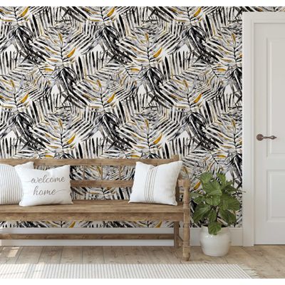 Papel de Parede Folhas de Palmeira Pintadas à Mão, Preto, Vinil Autoadesivo, Decorativo, Instalação Fácil para Quarto e Sala - S4Sassy 63,5 cm (L) × 609,6 cm (C) / Preto - Vinil Liso