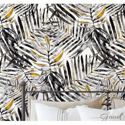 Papel de Parede Folhas de Palmeira Pintadas à Mão, Preto, Vinil Autoadesivo, Decorativo, Instalação Fácil para Quarto e Sala - S4Sassy 63,5 cm (L) × 609,6 cm (C) / Preto - Vinil Liso