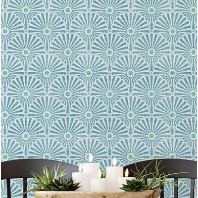 Revestimento Vinílico Autoadesivo Removível Leque Floral Art Déco - Mural Moderno Verde para Quarto, Banheiro, Lavanderia, Closet - S4Sassy 63,5 cm (L) × 152,4 cm (C) / Verde - Vinil Texturizado