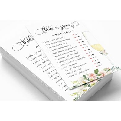 50 Cartões de Jogo Florais para Chá de Noiva e Despedida de Solteira, Quadrados, em Branco, para Preencher, Atacado - Inkdotpot 12,7 Cm × 17,78 Cm / Branco - Ele Disse, Ela Disse