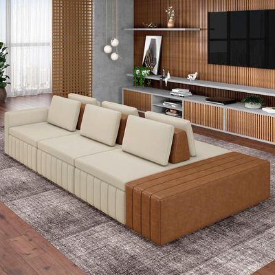 Sofá Ilha E Puff Sala Living 395cm Siesta M22 Linho Cru/marrom - Mpozenato