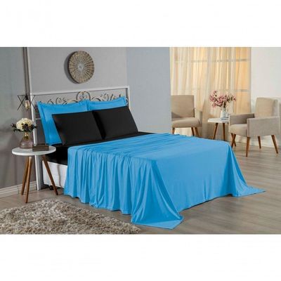 Jogo De Cama Solteiro Nobre 3 Peças Lençol Com Elástico De 30cm De Altura Malha 100% Algodão - Turquesa / Preto