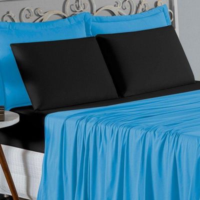 Jogo De Cama Solteiro Nobre 3 Peças Lençol Com Elástico De 30cm De Altura Malha 100% Algodão - Turquesa / Preto