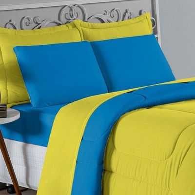 Kit Edredom Dupla Face + Jogo De Lençol Queen Nobre 6 Peças Malha 100% Algodão - Amarelo / Turquesa