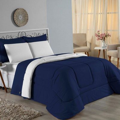 Edredom Queen Nobre 1 Peça Dupla Face 2,40m X 2,60m Malha 100% Algodão - Azul-marinho / Branco