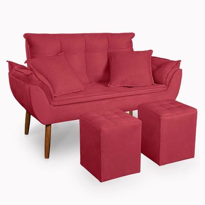 Kit Poltrona Decorativa Namoradeira 2 Puffs Quadrado E 2 Almofadas Suede Vermelho - Lm Decor