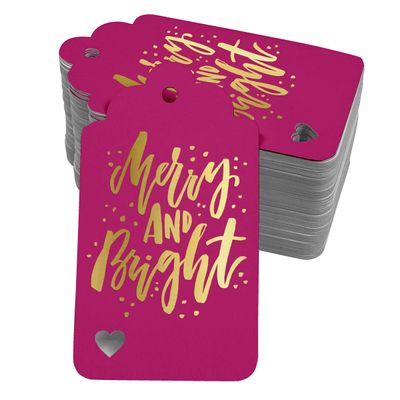 Etiquetas de Papel para Lembrancinhas de Natal 'Feliz e Brilhante' com Folha Metalizada para Artesanato - Inkdotpot 50 Etiquetas Metalizadas / Rosa - Dourado