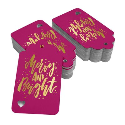 Etiquetas de Papel para Lembrancinhas de Natal 'Feliz e Brilhante' com Folha Metalizada para Artesanato - Inkdotpot 50 Etiquetas Metalizadas / Rosa - Dourado
