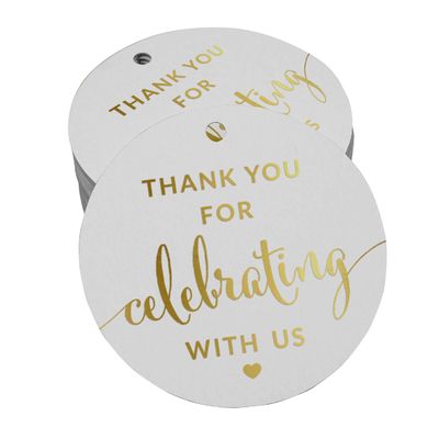 Etiquetas de Papel Metalizado Obrigado por Celebrar Conosco - Chá de Noiva/Chá de Bebê/Aposentadoria/Casamento/Aniversário - Inkdotpot 100 Etiquetas Metalizadas / Branco - Dourado