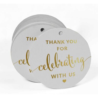 Etiquetas de Papel Metalizado Obrigado por Celebrar Conosco - Chá de Noiva/Chá de Bebê/Aposentadoria/Casamento/Aniversário - Inkdotpot 100 Etiquetas Metalizadas / Branco - Dourado