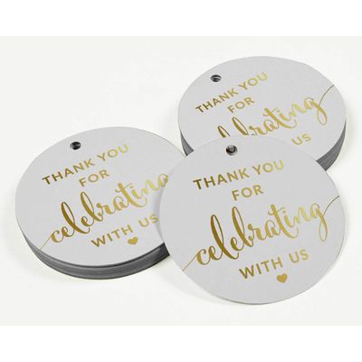 Etiquetas de Papel Metalizado Obrigado por Celebrar Conosco - Chá de Noiva/Chá de Bebê/Aposentadoria/Casamento/Aniversário - Inkdotpot 100 Etiquetas Metalizadas / Branco - Dourado