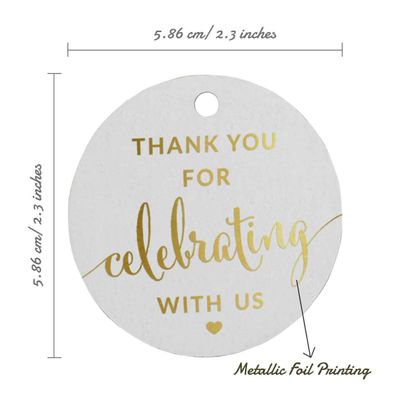 Etiquetas de Papel Metalizado Obrigado por Celebrar Conosco - Chá de Noiva/Chá de Bebê/Aposentadoria/Casamento/Aniversário - Inkdotpot 100 Etiquetas Metalizadas / Branco - Dourado
