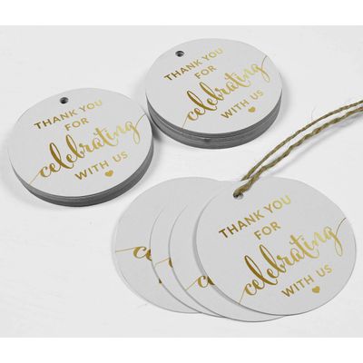 Etiquetas de Papel Metalizado Obrigado por Celebrar Conosco - Chá de Noiva/Chá de Bebê/Aposentadoria/Casamento/Aniversário - Inkdotpot 100 Etiquetas Metalizadas / Branco - Dourado