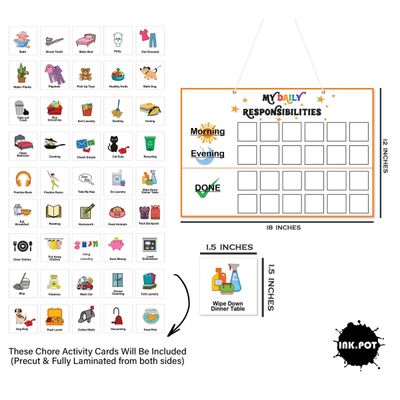 Checklist Diário de Responsabilidades para Crianças, Quadro de Tarefas Suspenso/Cartaz de Funções, Rotina Manhã/Noite - Inkdotpot 30,48 Cm × 45,72 Cm / Branco