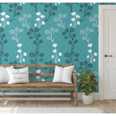 Papel de Parede Autoadesivo Vinílico Removível Estampa de Botões Florais Verdes para Entrada e Escritório - S4sassy 63,5 cm (L) × 609,6 cm (C) / Verde - Vinil Liso