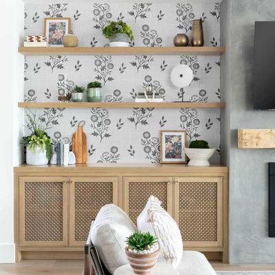 Papel de Parede Botânico Estilo Asiático, Vinílico Autoadesivo, Revestimento Decorativo Fácil DIY para Quarto e Sala, Cinza - S4Sassy 63,5 cm (L) × 304,8 cm (C) / Cinza - Vinil Texturizado