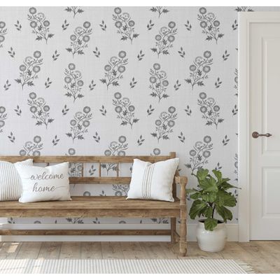 Papel de Parede Botânico Estilo Asiático, Vinílico Autoadesivo, Revestimento Decorativo Fácil DIY para Quarto e Sala, Cinza - S4Sassy 63,5 cm (L) × 304,8 cm (C) / Cinza - Vinil Texturizado