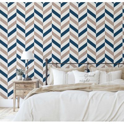 Papel de Parede Autoadesivo Estampa Espinha de Peixe Listrada Azul, Vinil Removível para Parede de Entrada, Decoração Fácil - S4sassy 63,5 cm (L) × 152,4 cm (C) / Azul - Vinil Texturizado