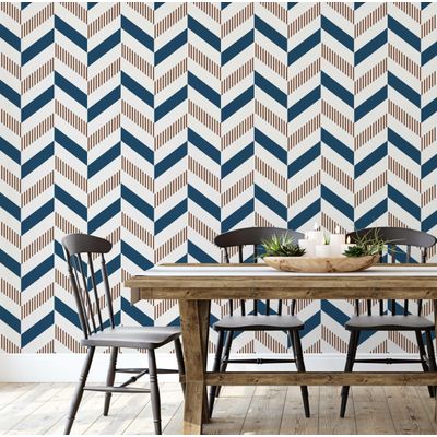 Papel de Parede Autoadesivo Estampa Espinha de Peixe Listrada Azul, Vinil Removível para Parede de Entrada, Decoração Fácil - S4sassy 63,5 cm (L) × 152,4 cm (C) / Azul - Vinil Texturizado