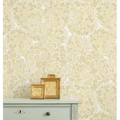 Revestimento de Parede Autoadesivo Removível Estampa Floral Chic Amarelo para Banheiro e Lavanderia - Papel de Parede Vinílico - S4Sassy 63,5 cm (L) × 152,4 cm (C) / Amarelo - Vinil Texturizado