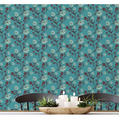 Papel de Parede Autoadesivo Removível Vintage Rosas em Flor Verde para Quarto, Banheiro, Lavanderia, Closet - S4Sassy 63,5 cm (L) × 304,8 cm (C) / Verde - Vinil Liso