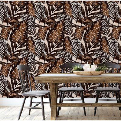 Papel de Parede Folhas Tropicais Marrom, Vinil Autoadesivo, Revestimento Decorativo Fácil DIY para Quarto e Sala - S4Sassy 63,5 cm (L) × 304,8 cm (C) / Marrom - Vinil Liso