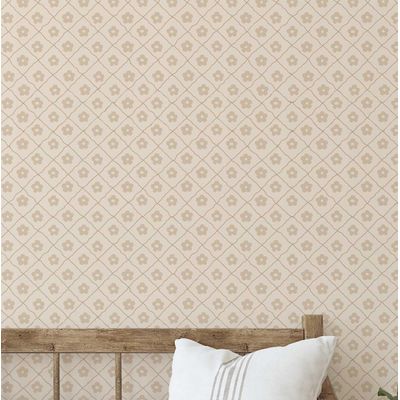Adesivo de Parede Removível Floral Miúdo Xadrezado Estilo Asiático para Banheiro, Lavanderia e Closet - Vinílico Bege - S4Sassy 63,5 cm (L) × 152,4 cm (C) / Bege - Vinil Liso