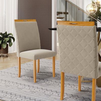 Kit Com 2 Cadeiras Agnes Madeira Maciça Estofadas Para Mesa De Jantar Veludo Bege 102