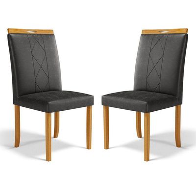 Kit Com 2 Cadeiras Ana Madeira Maciça Estofadas Para Mesa De Jantar Courino Preto 503